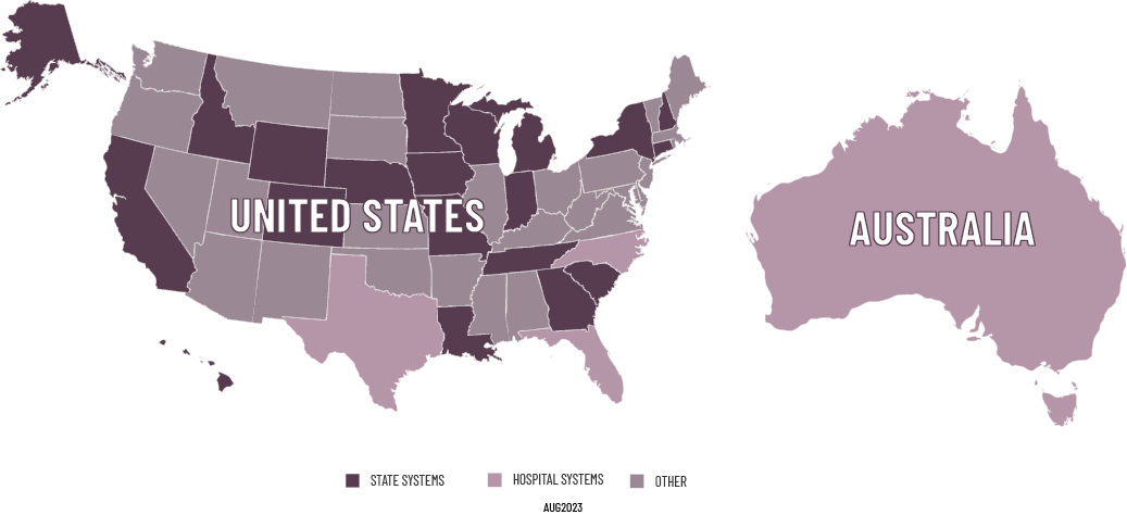 Maps showing the presence of Patient Registry in the United States and Australia